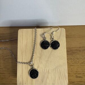 Black Druzy Jewelry Set - Black and Silver Pendant Necklace 18” & Drop Earrings